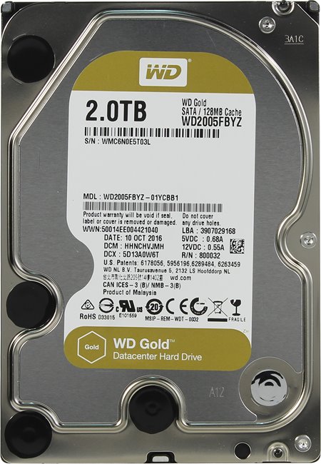 Жесткий диск SATA 2Tb WD Gold 7200rpm 128Mb  SATA-3