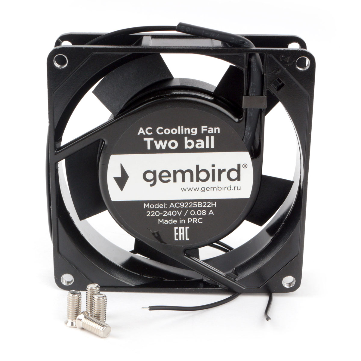 Вентилятор для корпуса 92mm Gembird AC9225B22H (2-pin, 92x92x25мм, AC, 220 B, подшипник, провод 30 см)